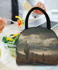 Desert Cactus Insulated Lunch Bag For Women And Men With Fashion Print next to a salad and laptop on a desk