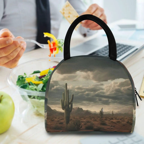 Desert Cactus Insulated Lunch Bag For Women And Men With Fashion Print next to a salad and laptop on a desk