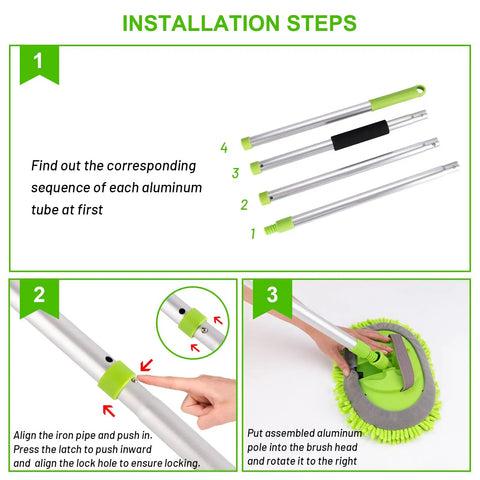 Installation steps for 62 Inch Adjustable Car Wash Brush Kit With Long Handle Chenille Microfiber Scrub Mitt And Sponge Replacement Head