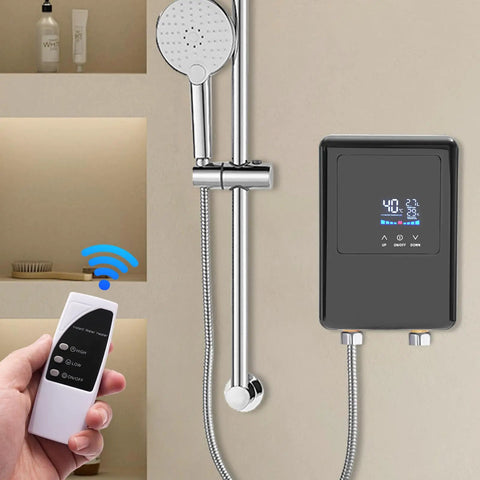 Instant Tankless Electric Water Heater 4500W Wall Mounted Digital Display with showerhead and remote control.