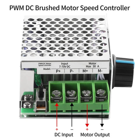 Close-up of DC Motor Speed Controller PWM Regulator 7 To 70V 30A with labeled connections for input and motor output.