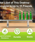 39 Inch Adjustable Speed Belt Conveyor For Desktop Use, PVC Belt With Built In Sensors, Easy Assembly shown with bottles