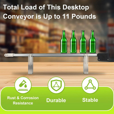 39 Inch Adjustable Speed Belt Conveyor For Desktop Use, PVC Belt With Built In Sensors, Easy Assembly shown with bottles