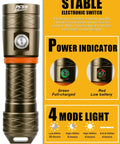 Bronze Underwater Dive Light 3500 Lumens With 485M Long Range Narrow Beam, showing electronic switch and power indicator.