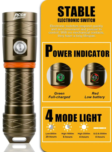 Bronze Underwater Dive Light 3500 Lumens With 485M Long Range Narrow Beam, showing electronic switch and power indicator.