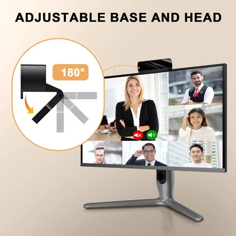 Plug And Go 1080P Webcam With Built In Mic And Hd Light Correction showing adjustable base and head feature for video calls.