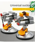 Super Durable Cast Iron Small Bench Vise With Suction Cup Flat Jaws And Precision Clamping Power For Hardwood Carving DIY Projects At Home Workshop Or Garage Table Use, showing two vises with 360-degree rotation and stable clamping.
