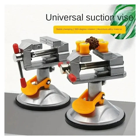 Super Durable Cast Iron Small Bench Vise With Suction Cup Flat Jaws And Precision Clamping Power For Hardwood Carving DIY Projects At Home Workshop Or Garage Table Use, showing two vises with 360-degree rotation and stable clamping.