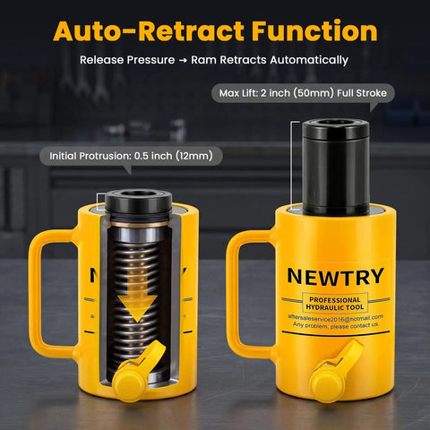 30 Ton Hydraulic Hollow Ram Jack with 2 Inch Stroke showing auto-retract feature, demonstrating compact design and use in tight spaces.