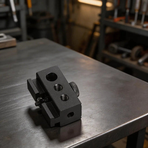 Heavy Duty Black Aluminum Igt Table Track Slider Clamp Mount With Triple Sized Ports displayed on a workbench.