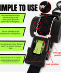 Instructions on using Beefy Heavy Duty 1 Inch By 12 Foot Auto Retracting Ratchet Straps with close-up on locking tab and latch.