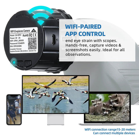 Wireless Eyepiece Camera For Telescopes And Microscopes, 32GB Digital Eyepiece With Built In WiFi, Fits 24mm To 50mm Eyepieces, Video Recording, Easy Setup, Totally Sick For Stargazing, Birding, And Classroom Demos showing app control and usage examples on screens
