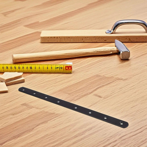 Heavy Duty Black Stainless Steel Flat Straight Brackets For Furniture Repair And Shelf Support with tools on wooden surface