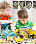 Two children playing with 2 in 1 Truck And Airplane STEM Building Set, 361 Pcs DIY Construction Toys For Kids Aged 6 To 12