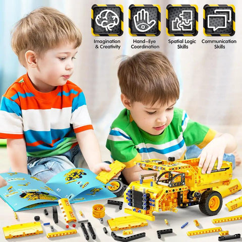 Two children playing with 2 in 1 Truck And Airplane STEM Building Set, 361 Pcs DIY Construction Toys For Kids Aged 6 To 12