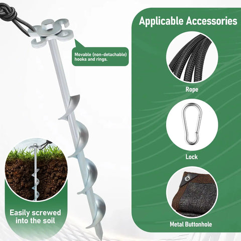 Built Tough Heavy Duty Ground Anchors Screw In Stakes 12 Inch 4 Pack with drill socket, T handle, and hook rings shown.