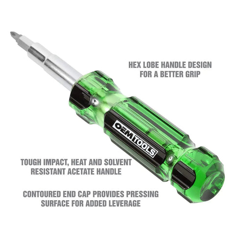 13 In 1 Multi Screwdriver And Nut Driver With Schrader Valve Tool featuring green impact resistant handle