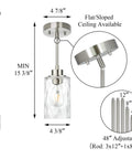 Clear Glass Pendant Light With Brushed Nickel Finish, 1 Light Modern Mini Pendant For Kitchen Island, Adjustable Hanging Light Fixture with dimensions and features displayed.