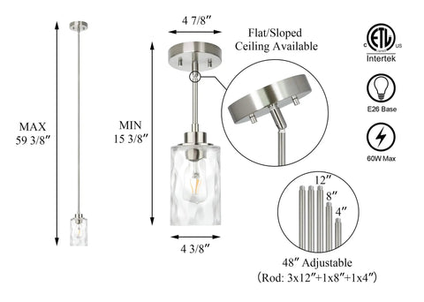 Clear Glass Pendant Light With Brushed Nickel Finish, 1 Light Modern Mini Pendant For Kitchen Island, Adjustable Hanging Light Fixture with dimensions and features displayed.