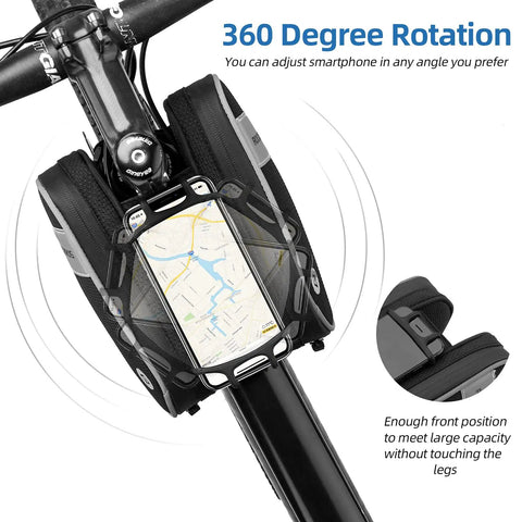 Front Frame Bag With 360 Degree Rotation Phone Holder for Bikes showing phone map in waterproof mount on handlebars