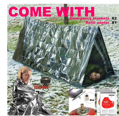 Lightweight Foldable Camping Stove With Piezo Ignition For Hiking And Picnics, tarp shelter emergency blankets displayed outdoors.