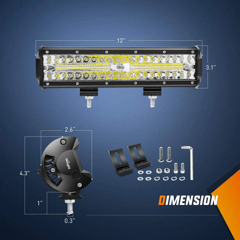 12 Inch 300W Triple Row LED Light Bar Flood And Spot Combo With 30000LM dimensions and mounting hardware view