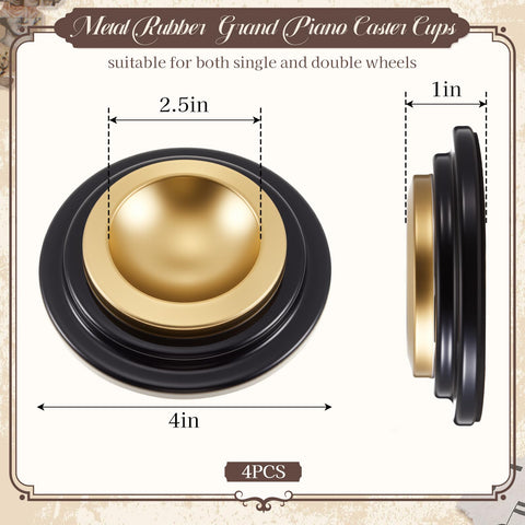 4 Pcs Piano Caster Cups Set For Hardwood Floors Metal Rubber Construction Grand Piano Floor Protectors side and top view