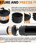 RV Sewer Hose Adapter Kit With 3 Inch Rotating Rigid Bayonet Adapter And Termination Fitting, Includes Male Thread And Hooks, 3 Inch Bayonet Hub Connector For Easy Waste Disposal On The Go. Black ABS RV sewer fittings shown connected to pipe