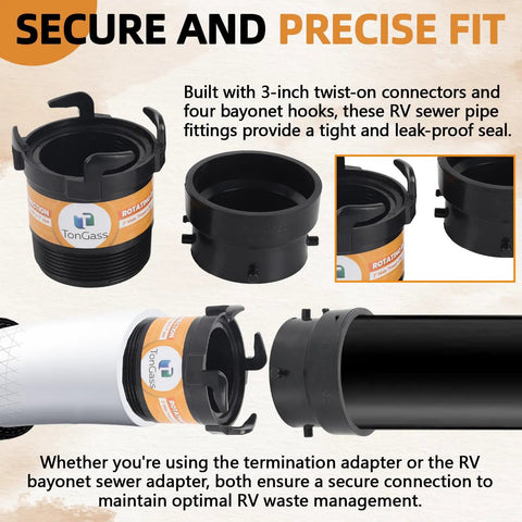 RV Sewer Hose Adapter Kit With 3 Inch Rotating Rigid Bayonet Adapter And Termination Fitting, Includes Male Thread And Hooks, 3 Inch Bayonet Hub Connector For Easy Waste Disposal On The Go. Black ABS RV sewer fittings shown connected to pipe