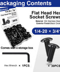 30 Pcs 1/4-20 X 3/4 Flat Head Socket Cap Screws Bolts In 304 Stainless Steel With Black Zinc Plated Finish, Fully Threaded, Includes Hex Key