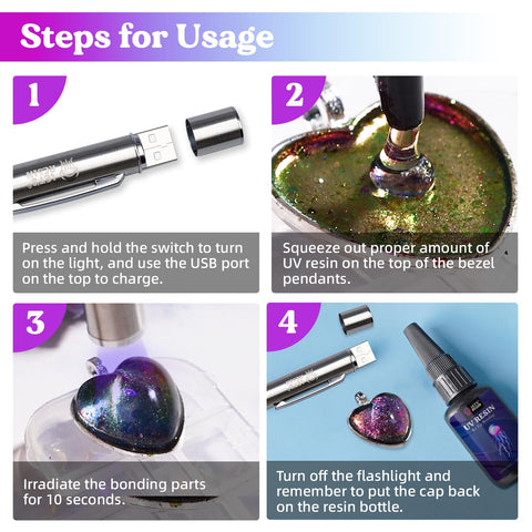 Steps for using Fast Curing UV Resin Kit with Light 30g Bond in 5 to 10 Seconds Jewelry and Craft Adhesive with UV flashlight.