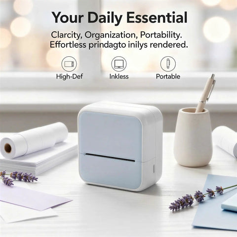 Vestamore Portable Inkless Thermal Label Maker Machine With Wireless Mobile Printing For iOS And Android on a desk with stationery.