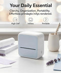 Light Blue Portable Thermal Label Maker Machine With Wireless Connectivity For iOS And Android Devices Featuring Inkless Mini Photo Printing Capabilities And OCR Text Recognition Technology For Smart Home Office Organization And Easy Note Taking On The placed on a desk with stationery.