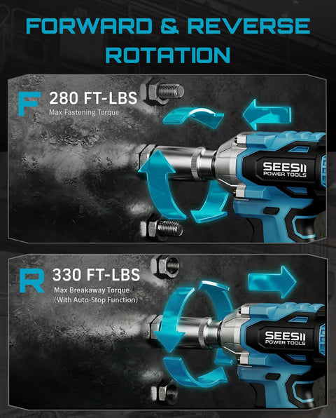 Forward and reverse rotation of Three Eighths Inch Cordless Impact Wrench with 450 Nm Torque Brushless Motor Dual Speeds