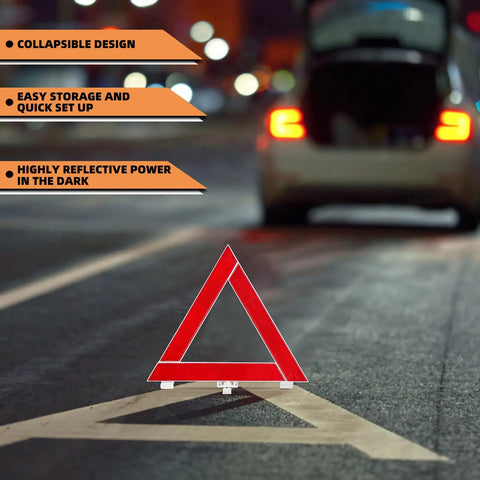 Roadside Emergency Kit For Cars And Trucks With Jumper Cables Tow Rope Safety Hammer Reflective Triangle on road at night