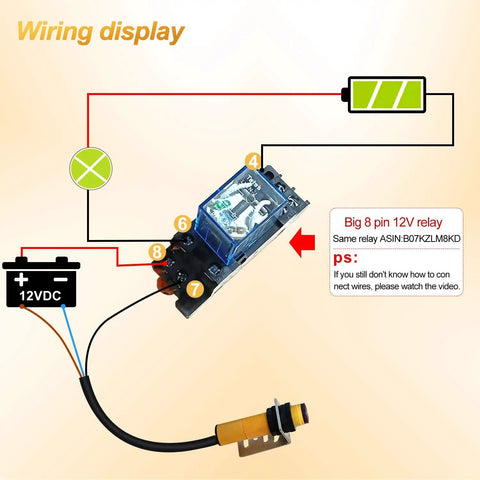 Diagram showing wiring setup for a big 8 pin 12V relay connected to a 12VDC battery and a retroreflective sensor.