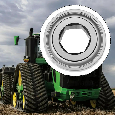 Tough As Nails Rock Solid Hex Bearing 210RRB6 one inch bore with hex design for John Deere farm tractors in field setting.