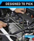 Telescoping Magnet Pickup Tool With 3 LED Magnetic Flashlight in use in a car engine bay, showing its extendable shaft.