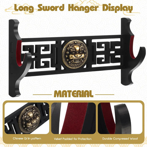 One Tier Katana Wall Mount Sword Holder Dope Display Rack With Felt Strips For Blade Protection featuring Qi lin design