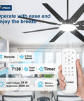 Dope 72 Inch Ceiling Fan With Lights Remote Control Dimmable 3CCT Black Modern Ceiling Fan for Living Room