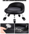 Low Profile Rolling Stool On Wheels With Back Rest And Leather Cushion 360 Degree Swivel Compact Round Seat shown from front