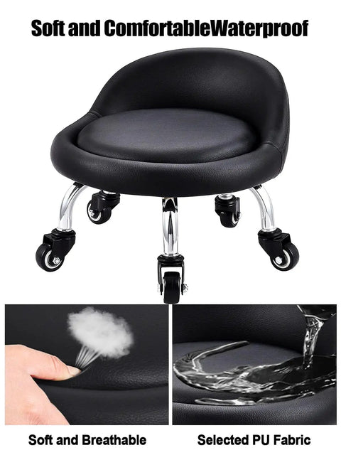 Low Profile Rolling Stool On Wheels With Back Rest And Leather Cushion 360 Degree Swivel Compact Round Seat shown from front