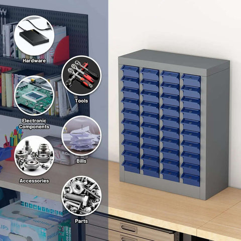 40 Drawer Bolt Bin Organizer Cabinet with metal body and ABS drawers for nuts bolts screws and small hardware storage on desk