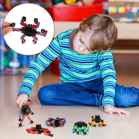 Child playing with 40 Pack Funny Sensory Fidget Toys Set Transformable Chain Robot Finger Toys DIY Deformation Spinners For Stress Relief Autism Gifts For Adults And Teens Prize Stuffers Party Favors Classic