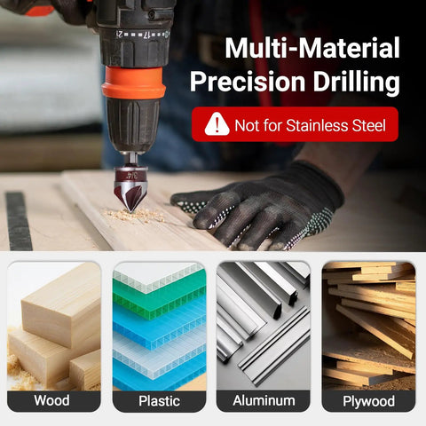 Heavy Duty 5 Piece Countersink Drill Bit Set Featuring 82 Degree HSS Steel And Quick Change Hex Shank For Wood Metal Plastic in action on wood.