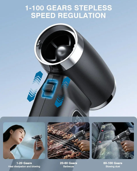 Cordless Air Duster With 60 MPH Wind Power showing stepless speed adjustment and multiple uses like barbecue and dusting