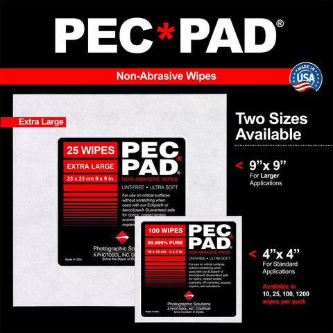 PEC-PAD lint-free non-abrasive wipes, 4x4 in, for cleaning sensitive optical surfaces; two sizes shown (9x9 in, 4x4 in).