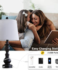 Resin Table Lamp Set Of 2 With USB Ports For Bedroom And Living Room Plug In Bedside Lamps White Fabric Shade Black Base