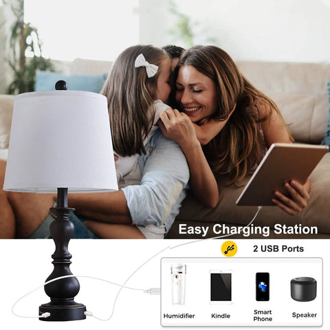 Resin Table Lamp Set Of 2 With USB Ports For Bedroom And Living Room Plug In Bedside Lamps White Fabric Shade Black Base