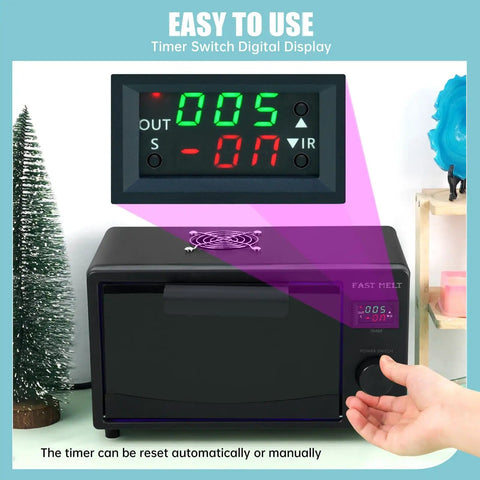 Pro Grade 395nm UV Resin Curing Box With 80 LEDs Fast Curing Light Station showing digital timer display and hand operating